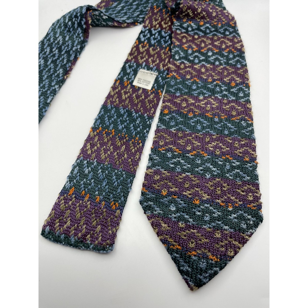 Rooster Mens Knit Tie Purple Teal Fair Isle Geometric Viscose Cotton Made in USA